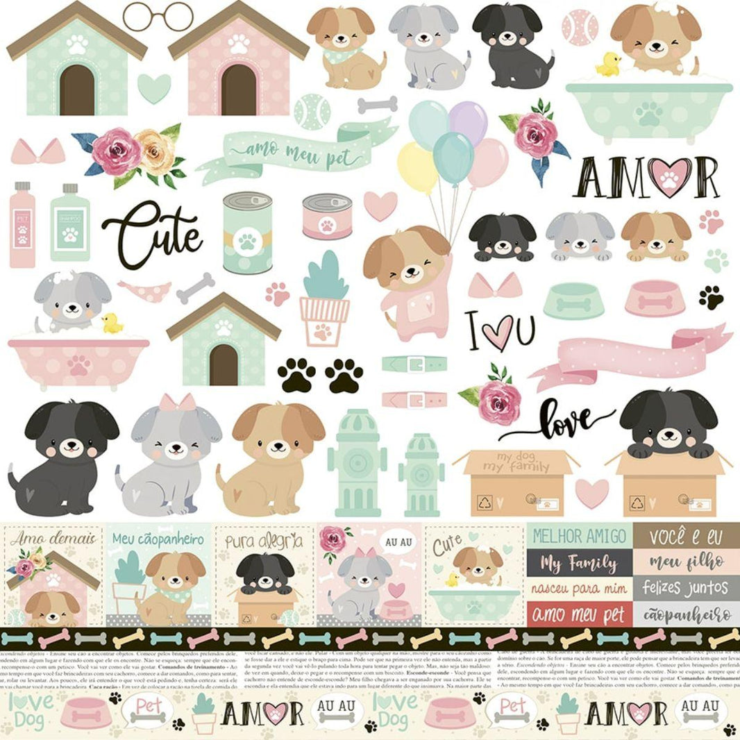 Papel Scrapbook Litoarte SD-1170 Elementos Cachorrinhos 30,5x30,5cm - Palácio da Arte