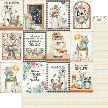 Papel Scrapbook Litoarte SD-1182 Tags Fazenda e Tijolos 30,5x30,5cm - Palácio da Arte