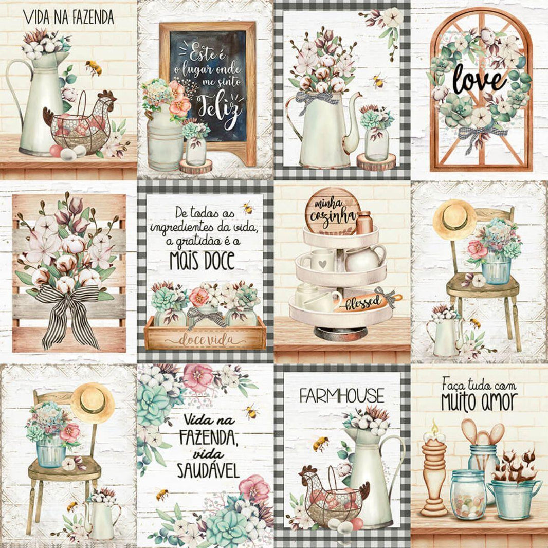 Papel Scrapbook Litoarte SD-1182 Tags Fazenda e Tijolos 30,5x30,5cm - Palácio da Arte