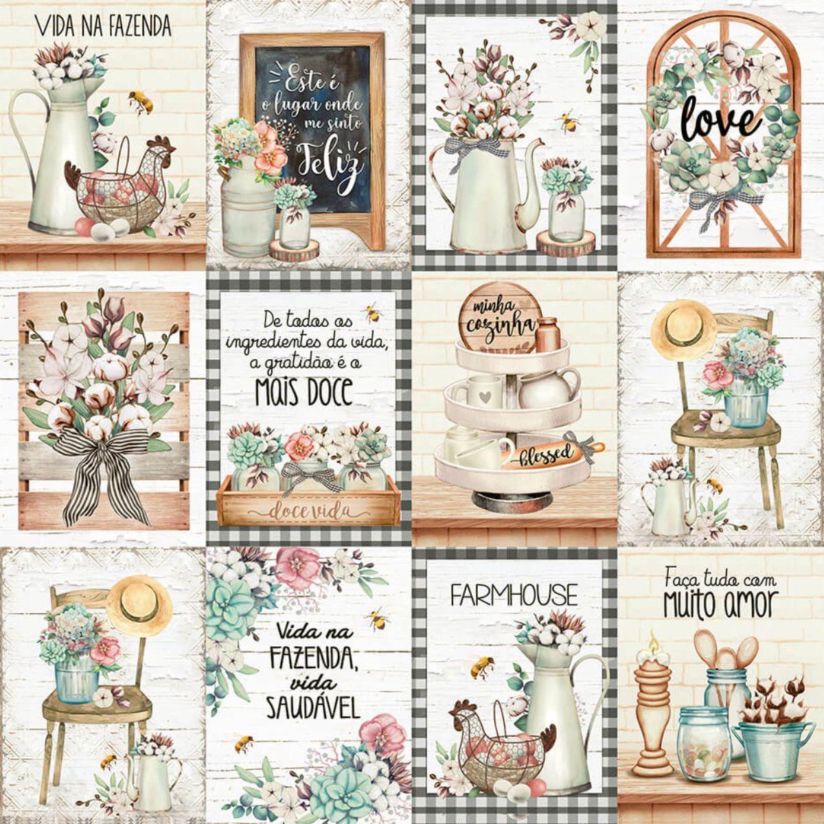 Papel Scrapbook Litoarte SD-1182 Tags Fazenda e Tijolos 30,5x30,5cm - Palácio da Arte