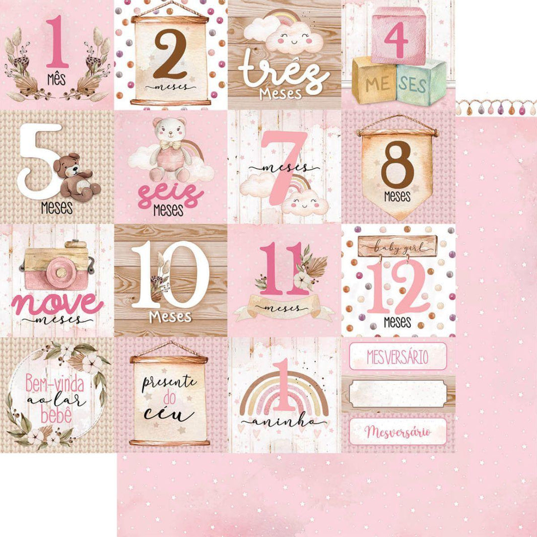 Papel Scrapbook Litoarte SD-1209 Cards Mesversário Menina 30,5x30,5cm - Palácio da Arte