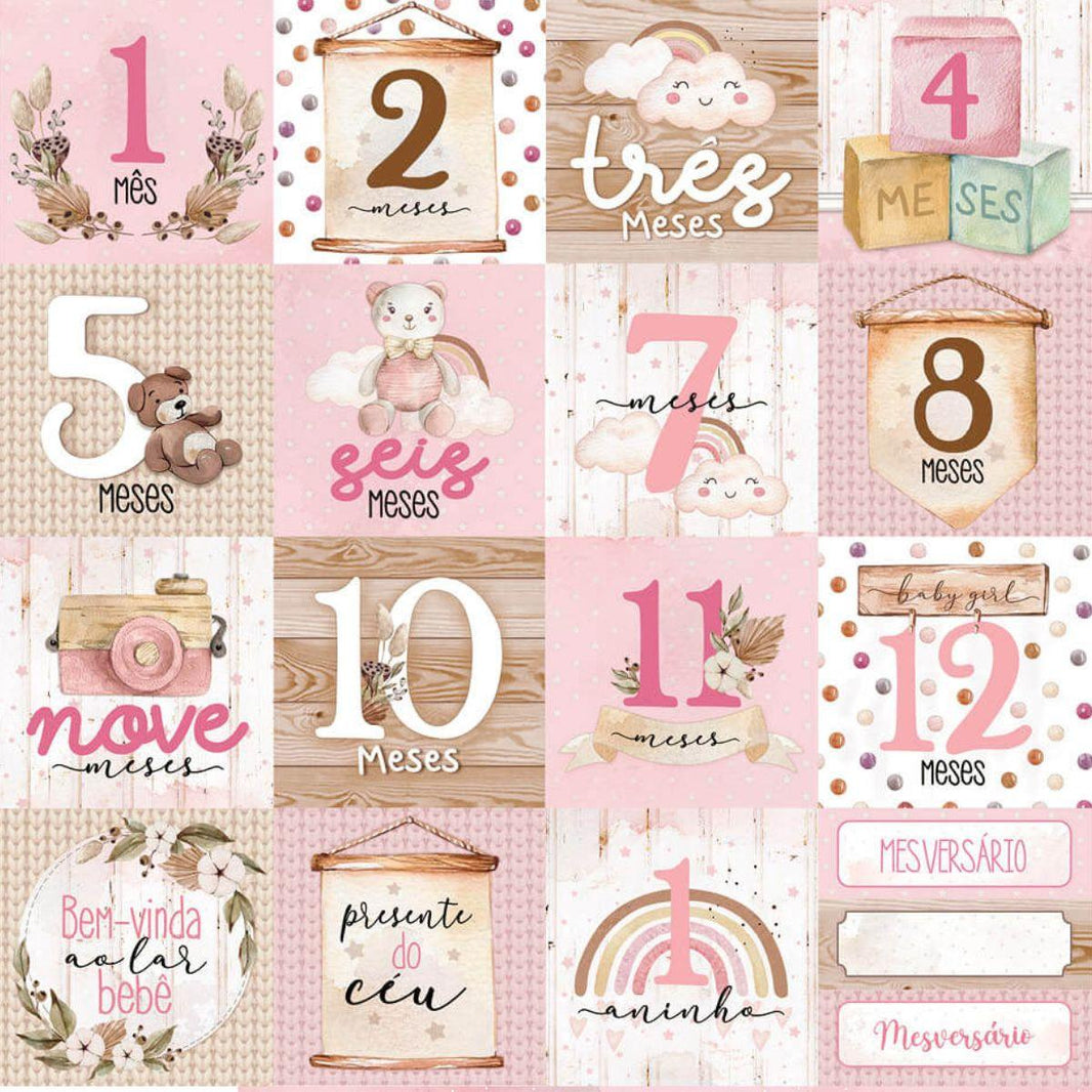 Papel Scrapbook Litoarte SD-1209 Cards Mesversário Menina 30,5x30,5cm - Palácio da Arte