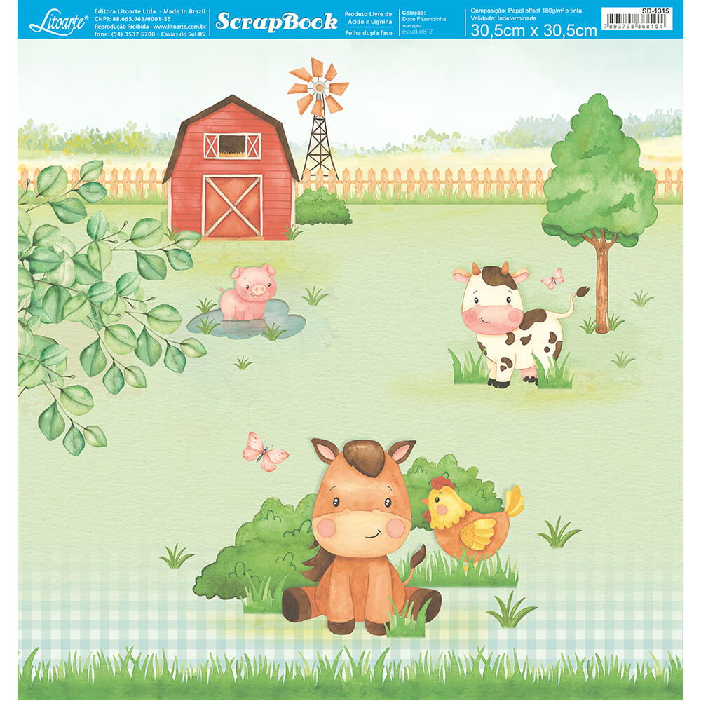 Papel Scrapbook Litoarte SD-1315 Doce Fazendinha 30,5x30,5cm - Palácio da Arte