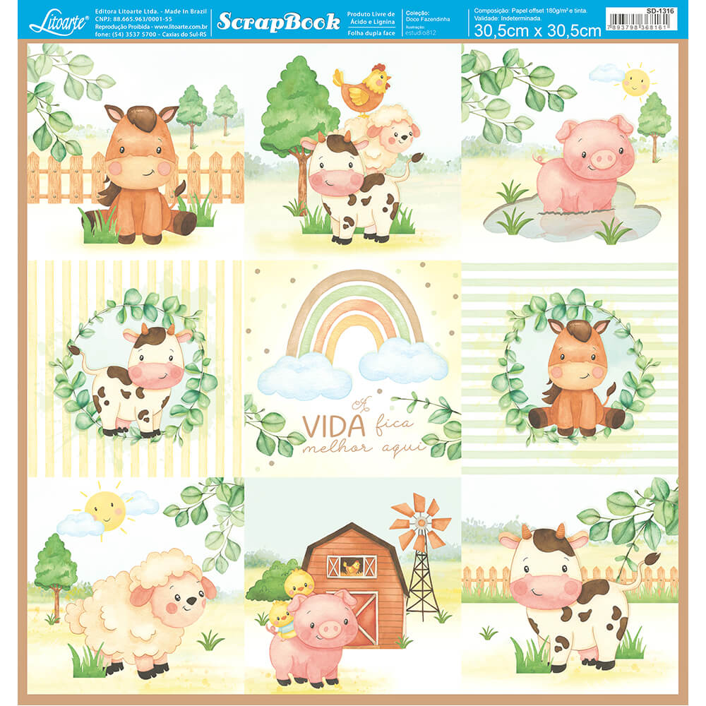 Papel Scrapbook Litoarte SD-1316 Doce Fazendinha Cards 30,5x30,5cm - Palácio da Arte