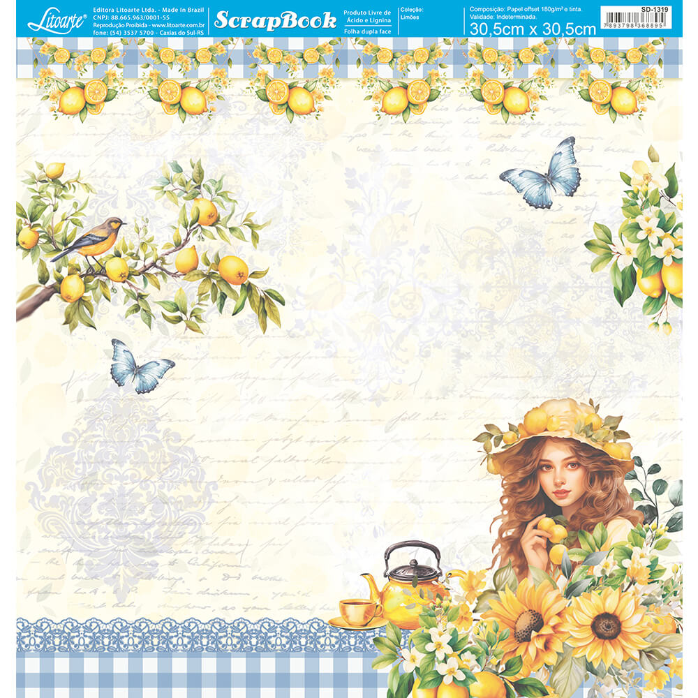 Papel Scrapbook Litoarte SD-1319 Dama com Limões 30,5x30,5cm - Palácio da Arte
