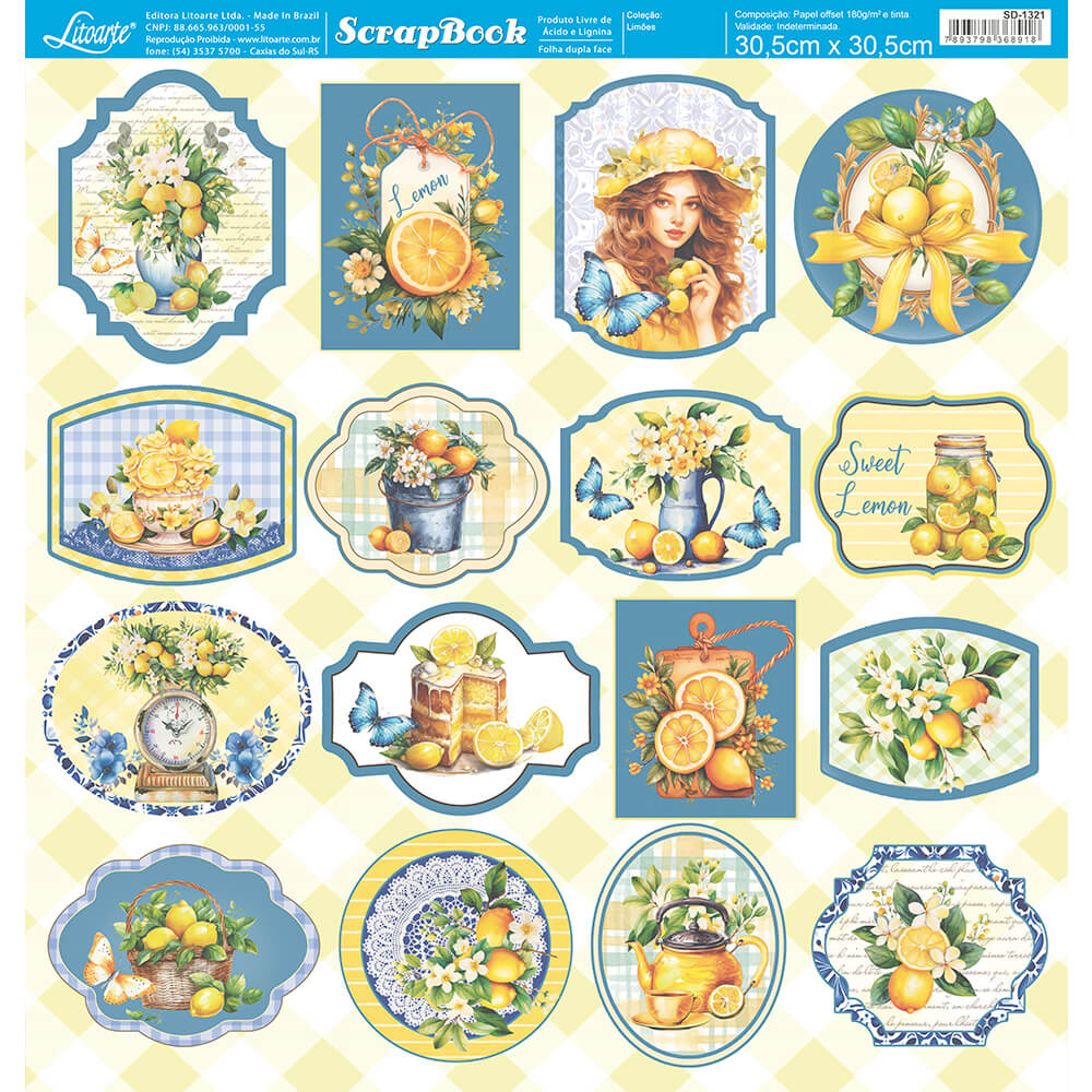 Papel Scrapbook Litoarte SD-1321 Limões Tag 30,5x30,5cm - Palácio da Arte