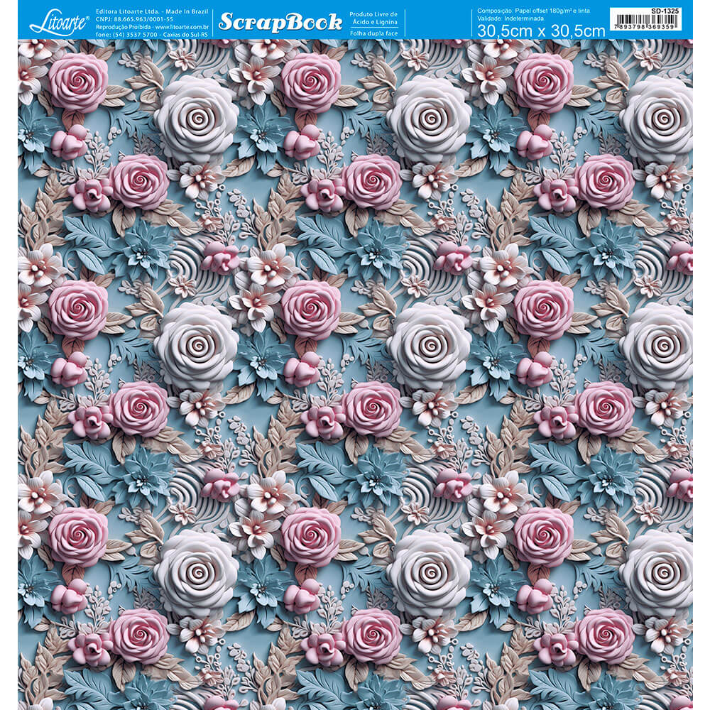 Papel Scrapbook Litoarte SD-1325 Rosa 3D Fundo Azul 30,5x30,5cm - Palácio da Arte
