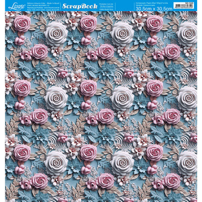 Papel Scrapbook Litoarte SD-1325 Rosa 3D Fundo Azul 30,5x30,5cm - Palácio da Arte