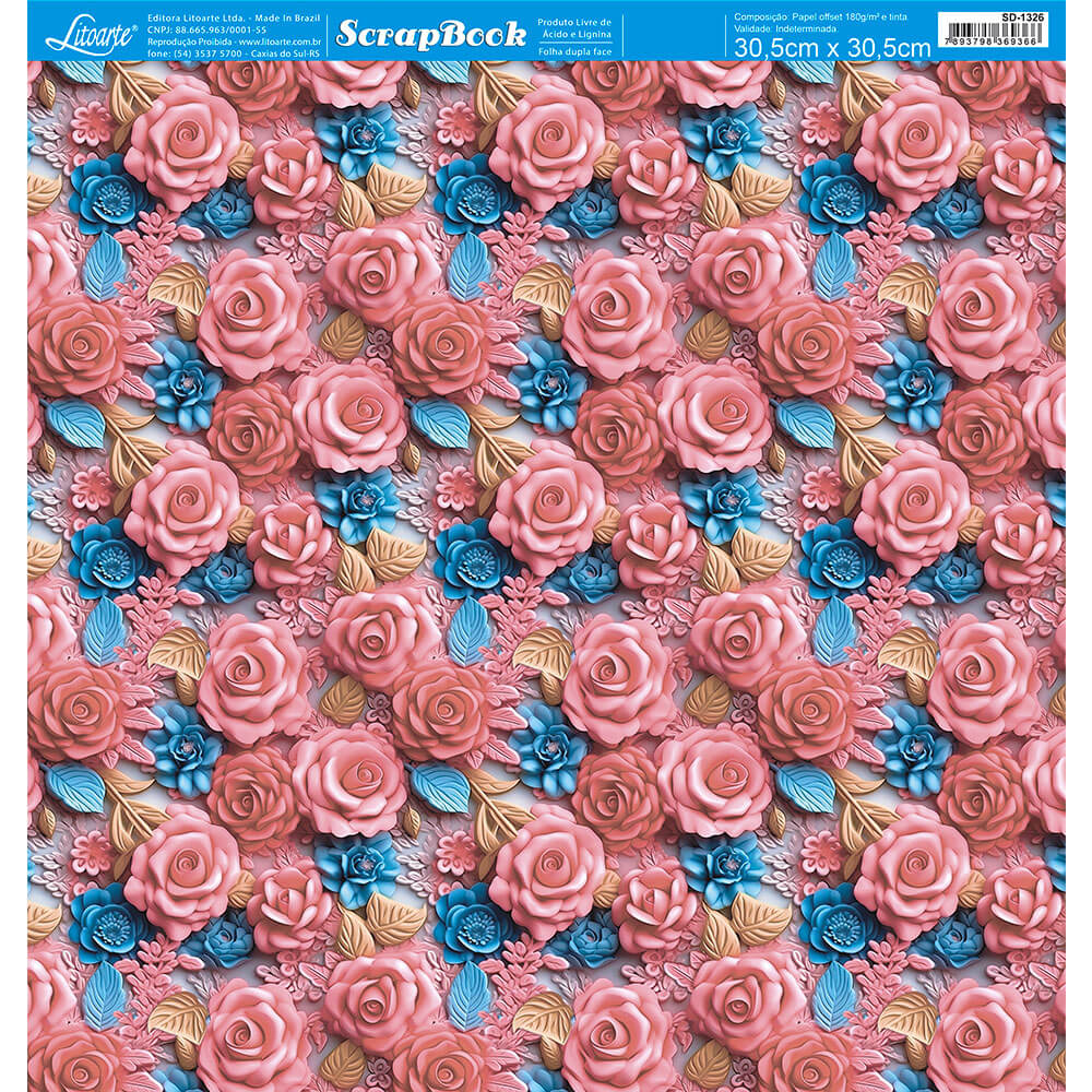 Papel Scrapbook Litoarte SD-1326 Rosa 3D Coral e Azul 30,5x30,5cm - Palácio da Arte