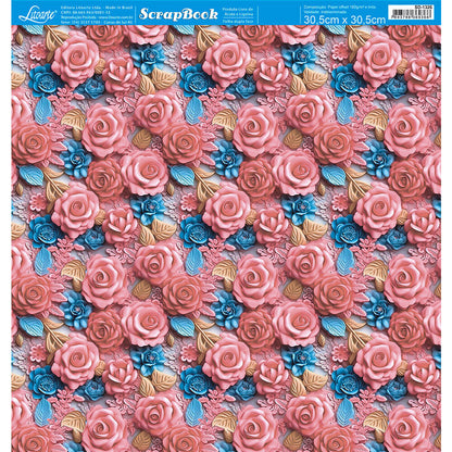 Papel Scrapbook Litoarte SD-1326 Rosa 3D Coral e Azul 30,5x30,5cm - Palácio da Arte