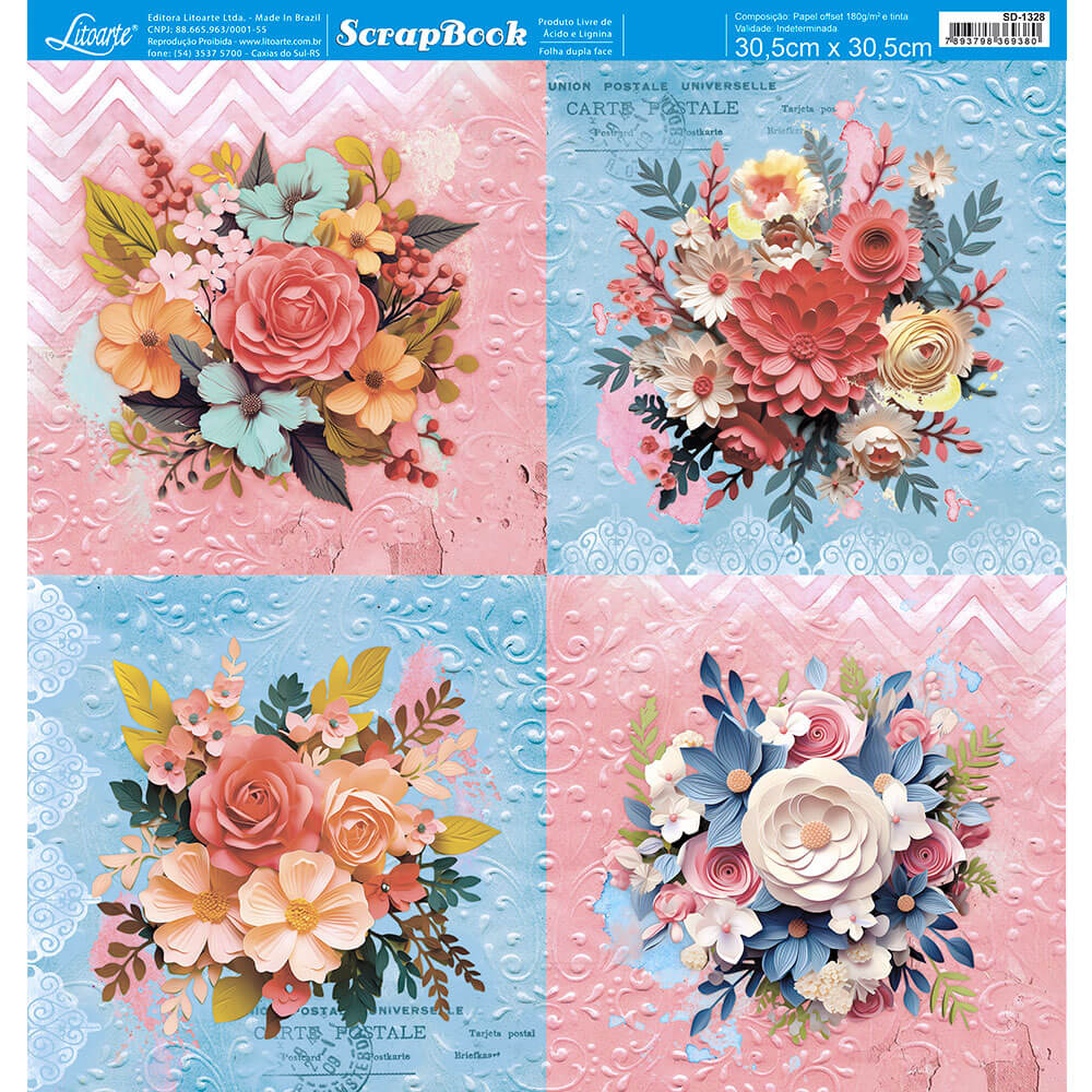 Papel Scrapbook Litoarte SD-1328 Flor 3D Quadrante 30,5x30,5cm - Palácio da Arte