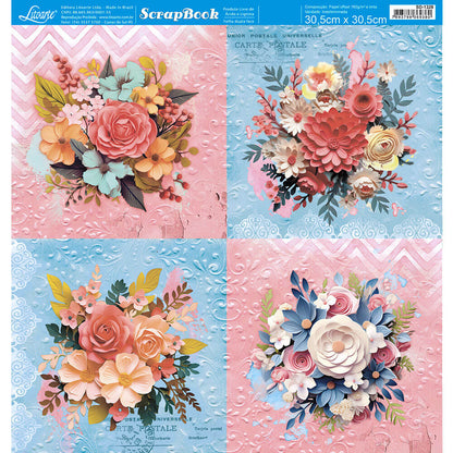Papel Scrapbook Litoarte SD-1328 Flor 3D Quadrante 30,5x30,5cm - Palácio da Arte