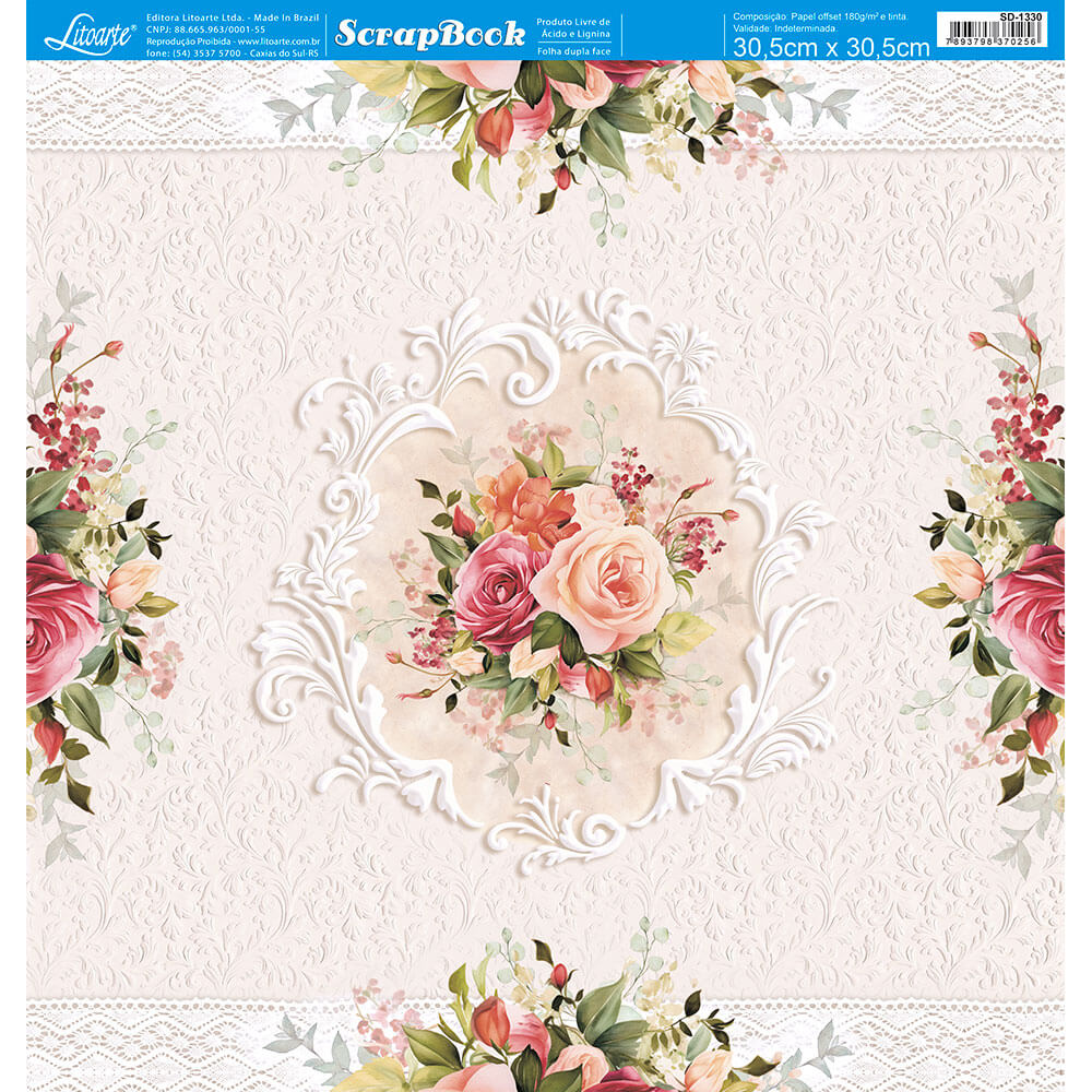 Papel Scrapbook Litoarte SD-1330 Rosas 30,5x30,5cm - Palácio da Arte