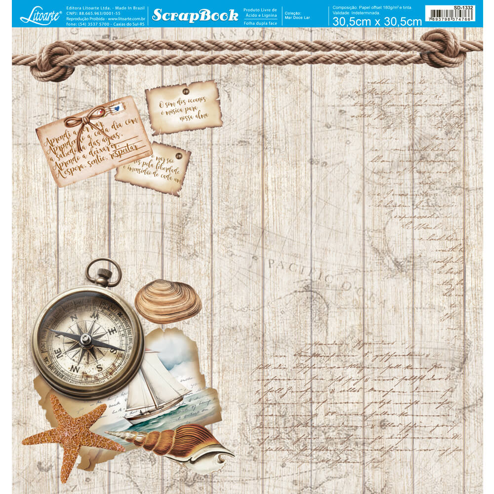 Papel Scrapbook Litoarte SD-1332 Mar Doce Lar Bússula 30,5x30,5cm - Palácio da Arte