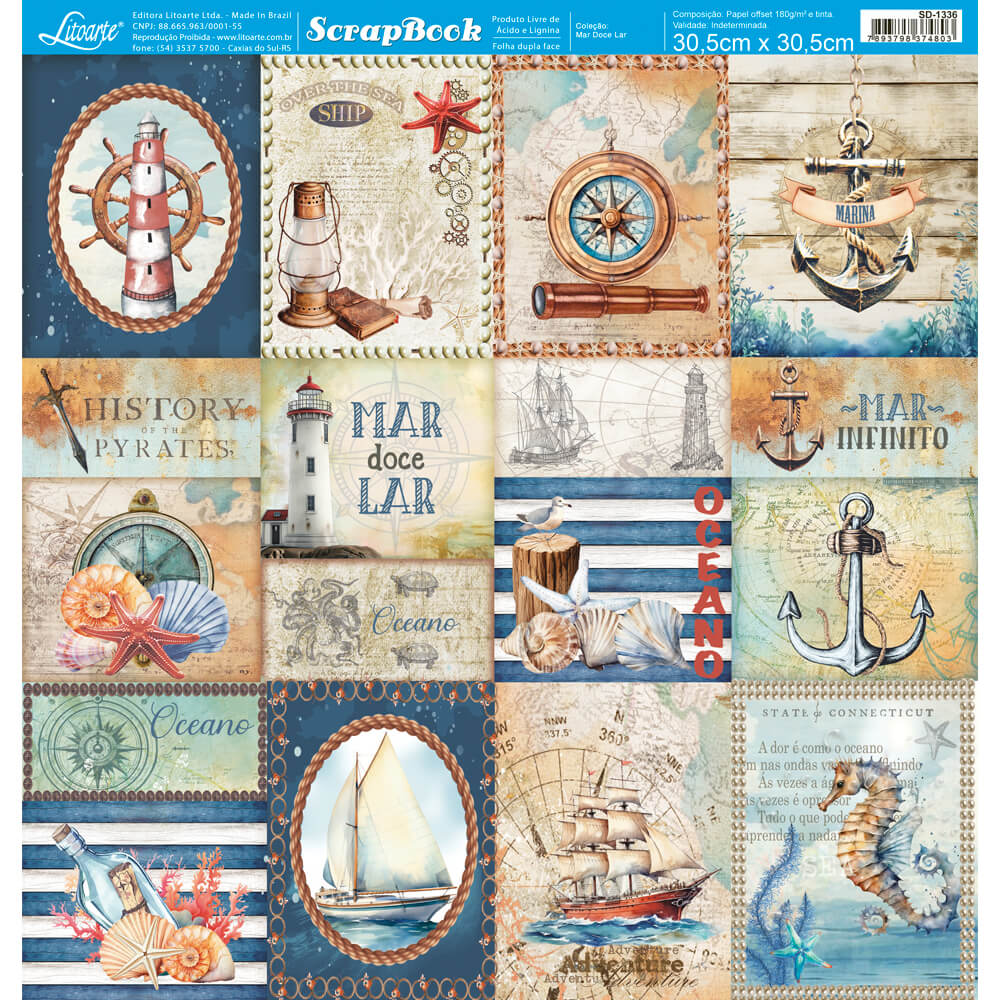 Papel Scrapbook Litoarte SD-1336 Mar Doce Lar Tags 30,5x30,5cm - Palácio da Arte