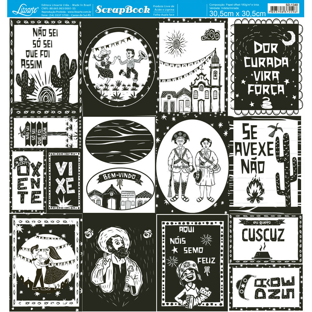 Papel Scrapbook Litoarte SD-1340 Xilogravura Nordestina Tags 30,5x30,5cm - Palácio da Arte