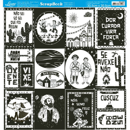 Papel Scrapbook Litoarte SD-1340 Xilogravura Nordestina Tags 30,5x30,5cm - Palácio da Arte