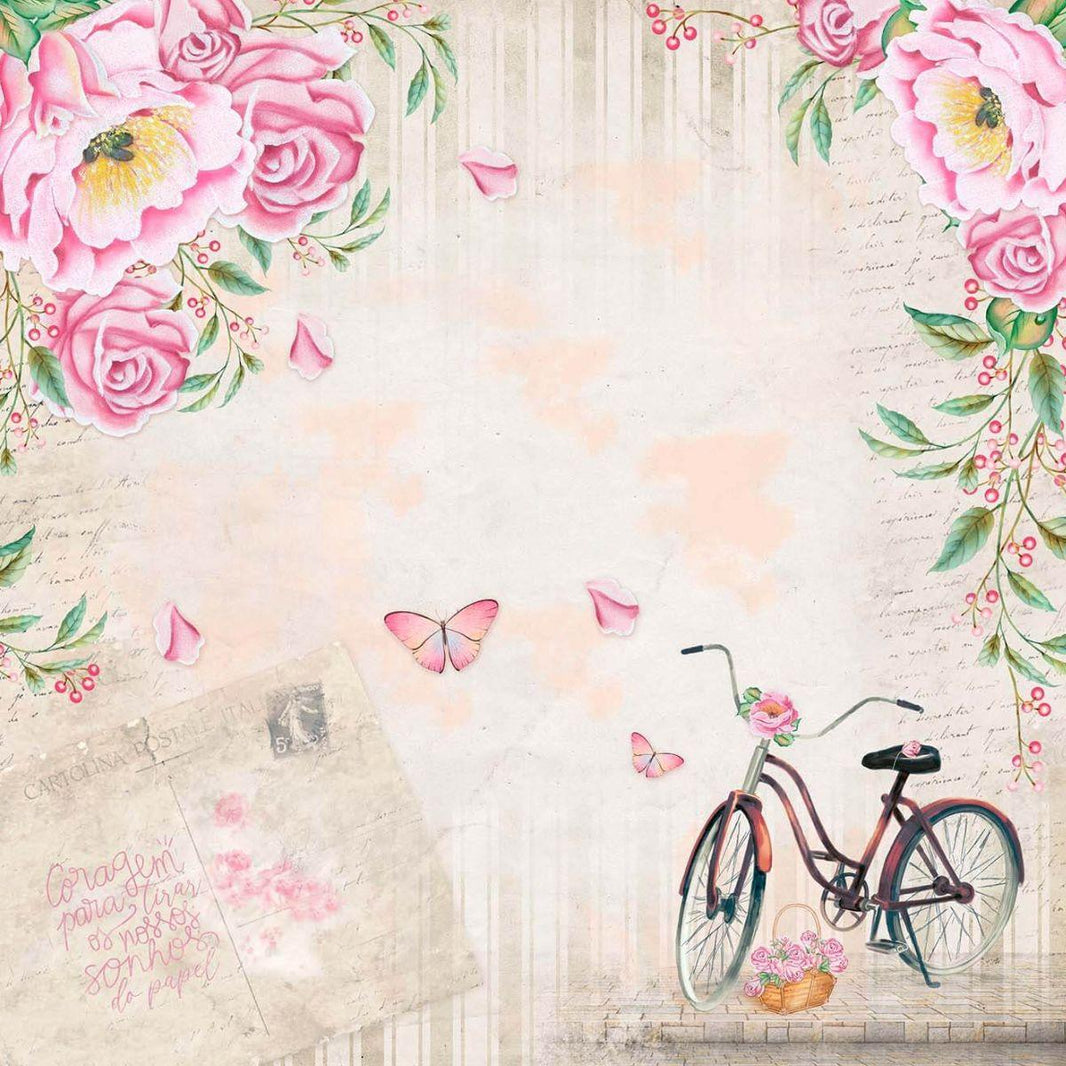 Papel Scrapbook Litoarte SD1-095 Bicicleta e Flores 30,5x30,5cm - Palácio da Arte