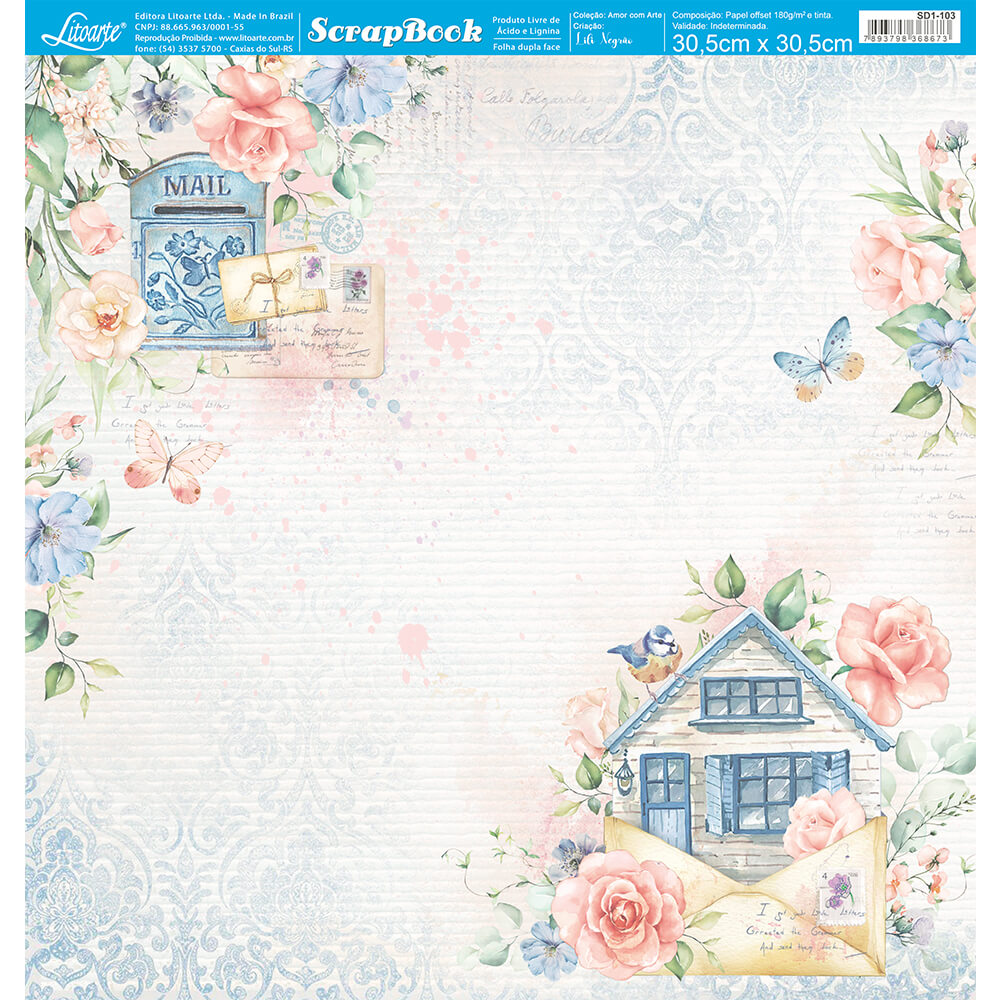 Papel Scrapbook Litoarte SD1-103 Amor com Arte Casa e Flores 30,5x30,5cm - Palácio da Arte