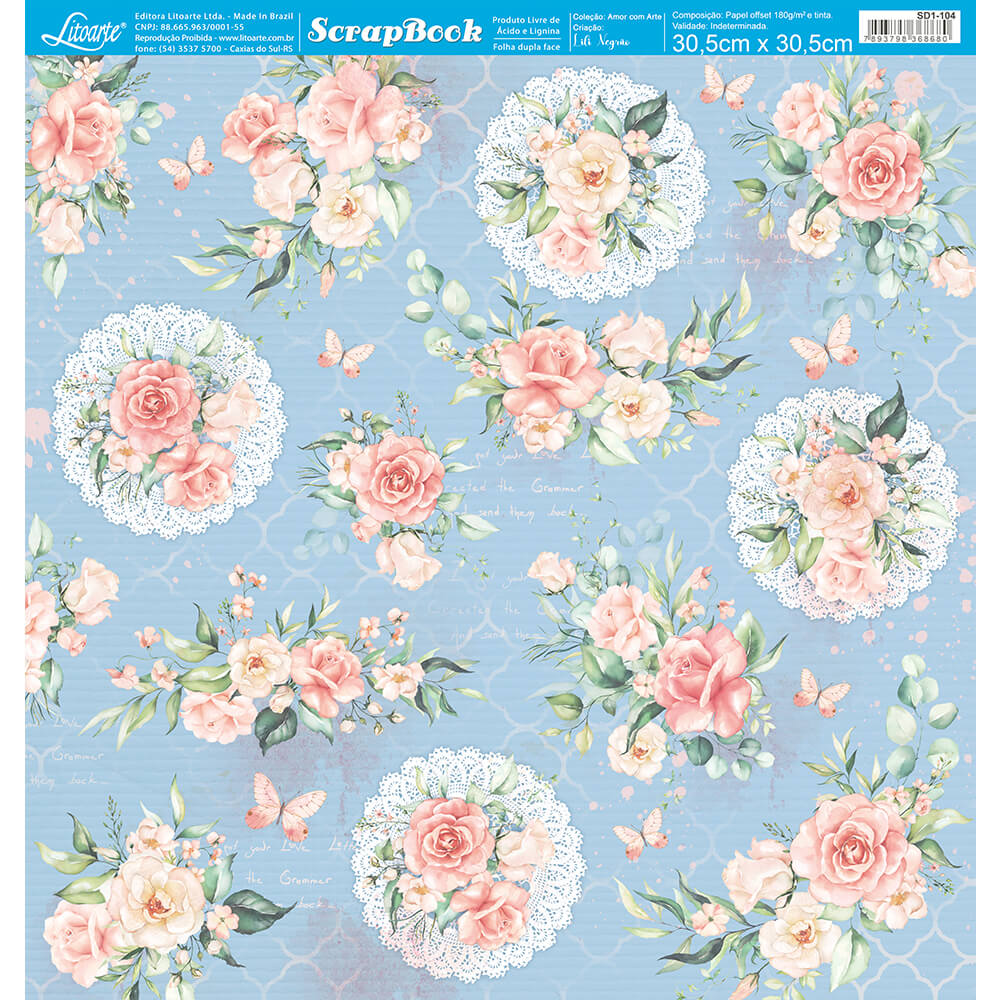 Papel Scrapbook Litoarte SD1-104 Amor com Arte Rosas 30,5x30,5cm - Palácio da Arte