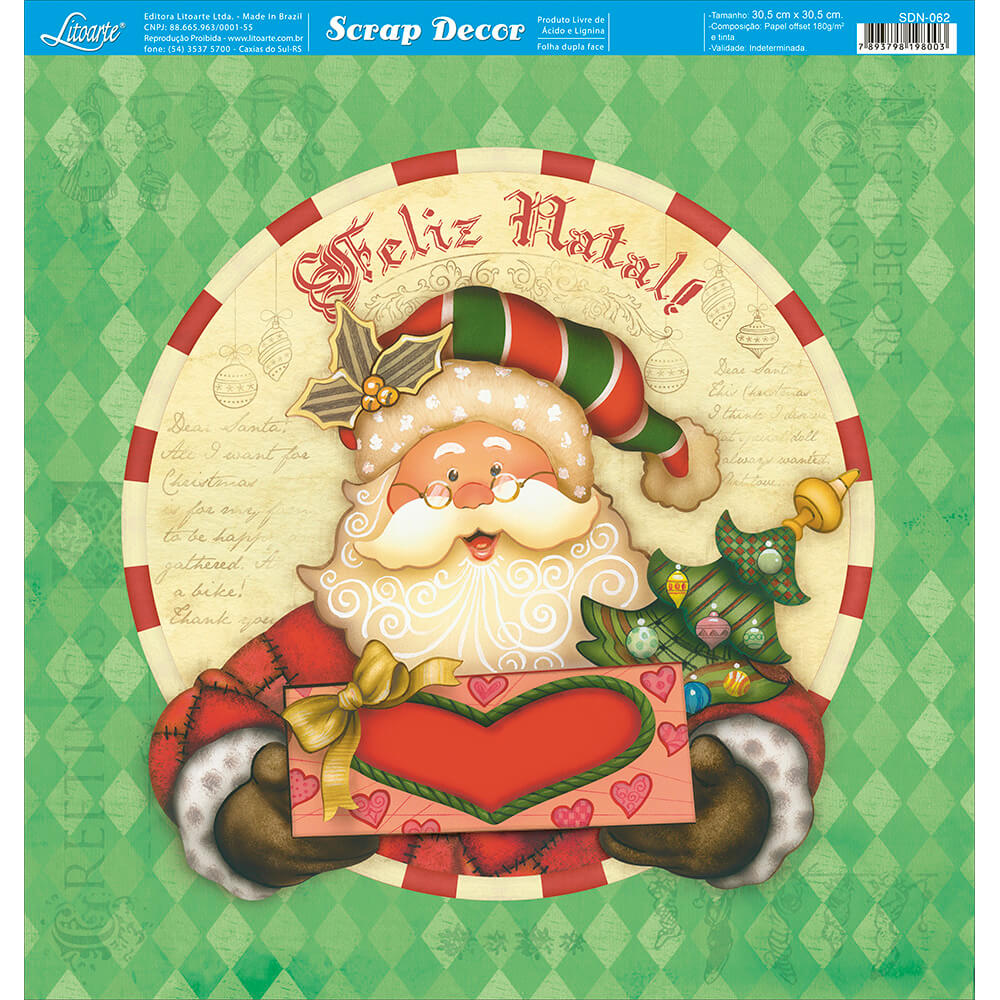 Papel Scrapbook Litoarte SDN-062 Natal Papai Noel Lozangos 30,5x30,5cm - Palácio da Arte