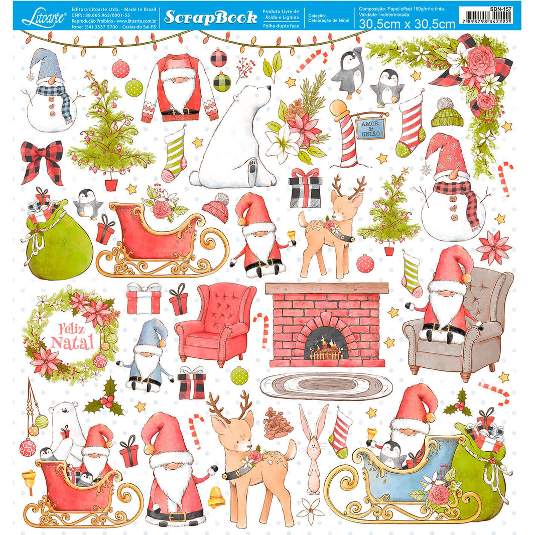 Papel Scrapbook Litoarte SDN-157 Celebração de Natal 30,5x30,5cm - Palácio da Arte