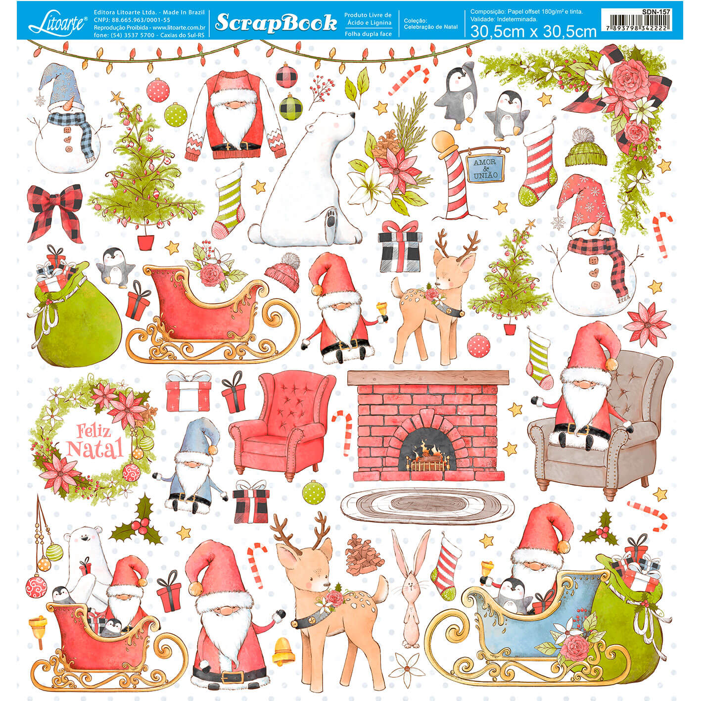 Papel Scrapbook Litoarte SDN-157 Celebração de Natal 30,5x30,5cm - Palácio da Arte