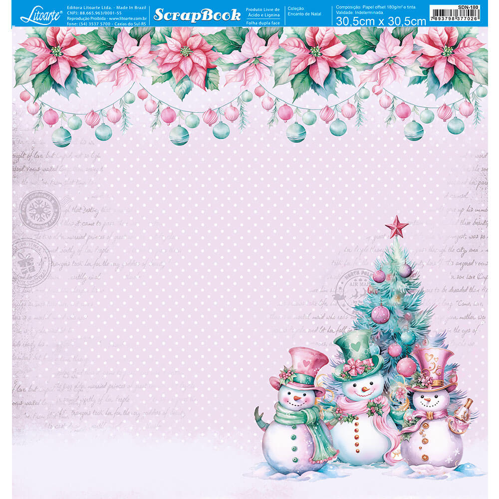 Papel Scrapbook Litoarte SDN-180 Encantos de Natal 30,5x30,5cm - Palácio da Arte