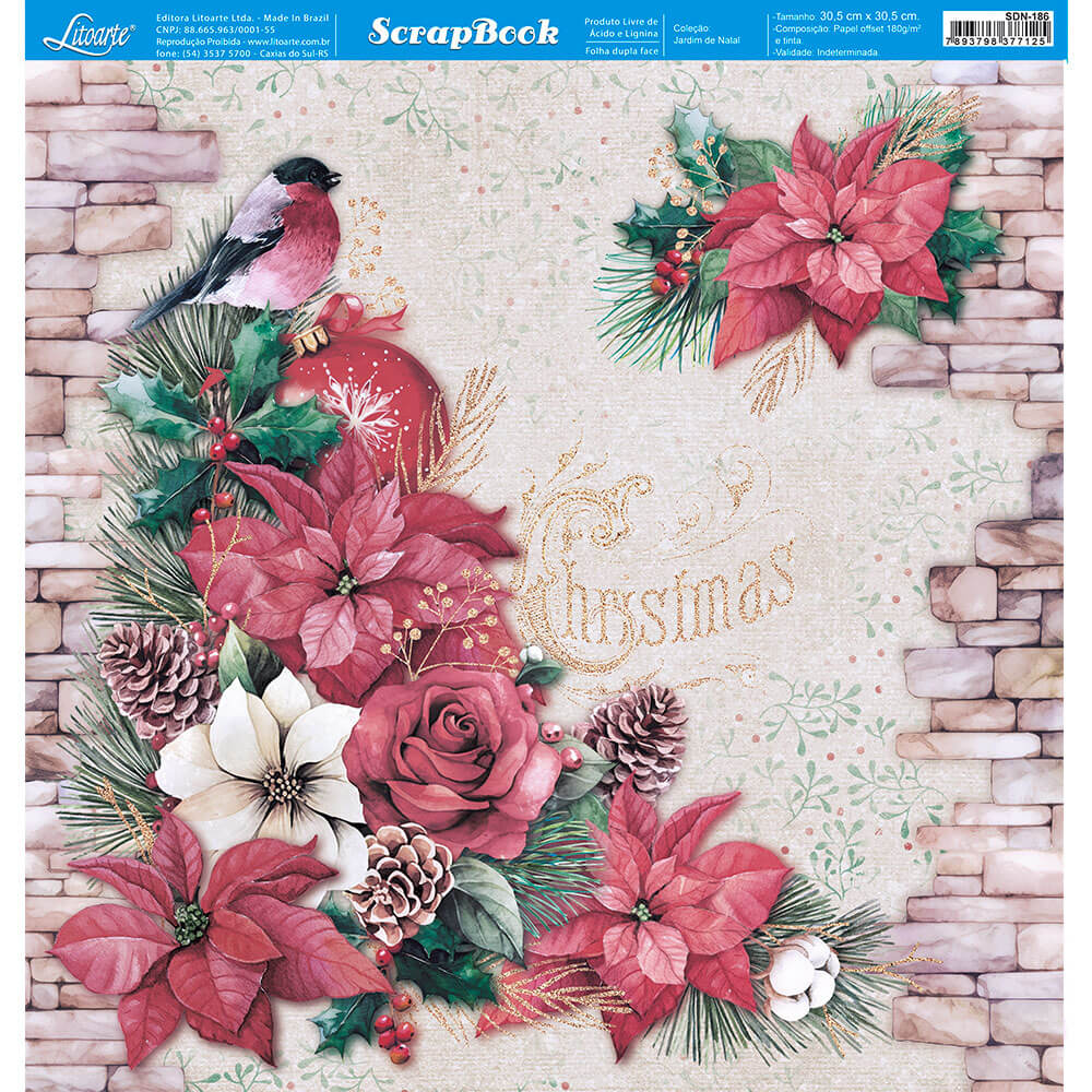 Papel Scrapbook Litoarte SDN-186 Jardim de Natal 30,5x30,5cm - Palácio da Arte