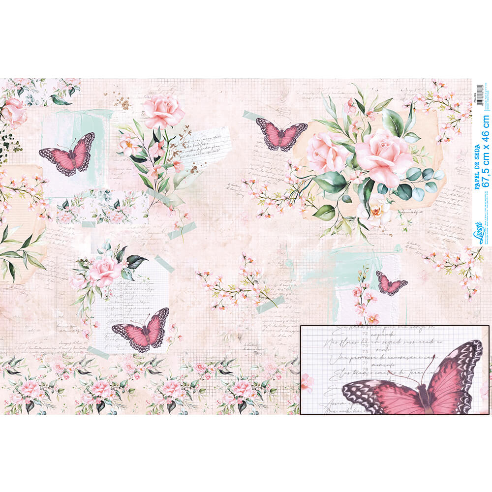 Papel Seda Litoarte PSL-009 Rosa com Borboletas 67,5x46cm - Palácio da Arte