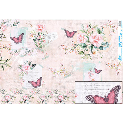 Papel Seda Litoarte PSL-009 Rosa com Borboletas 67,5x46cm - Palácio da Arte