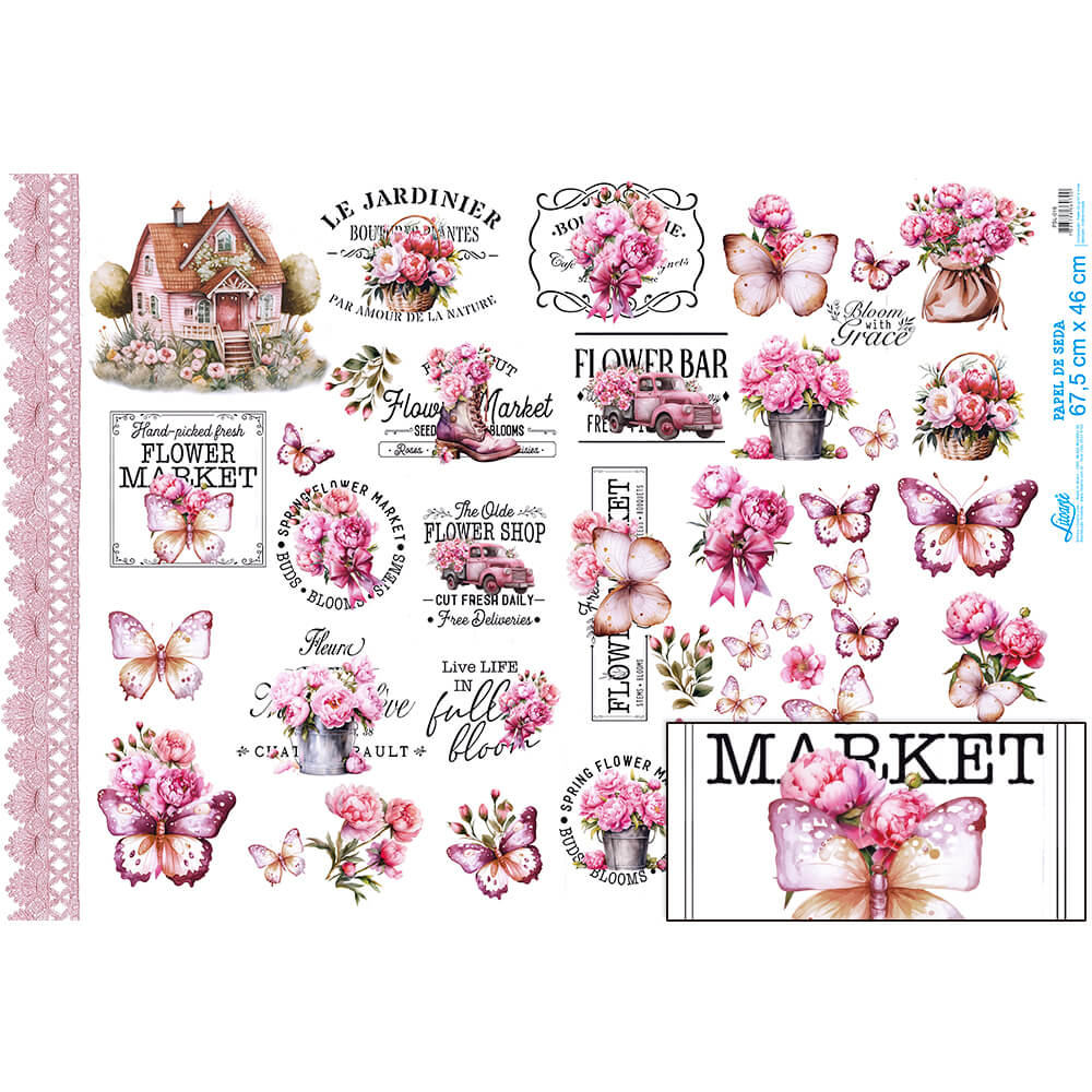 Papel Seda Litoarte PSL-016 Flowers Market Borboletas 67,5x46cm - Palácio da Arte
