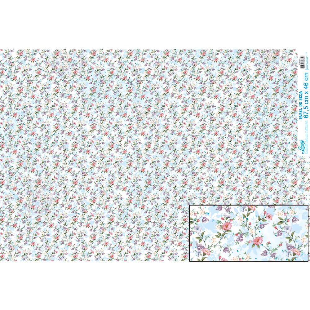 Papel Seda Litoarte PSL-029 Mini Flores Fundo Azul 67,5x46cm - Palácio da Arte