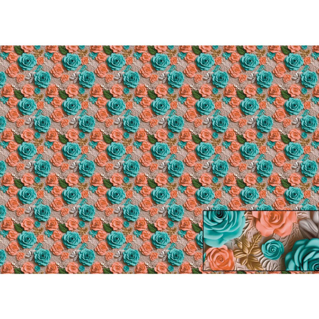 Papel Seda Litoarte PSL-038 Rosas 3D Coral e Verde 67,5x46cm - Palácio da Arte