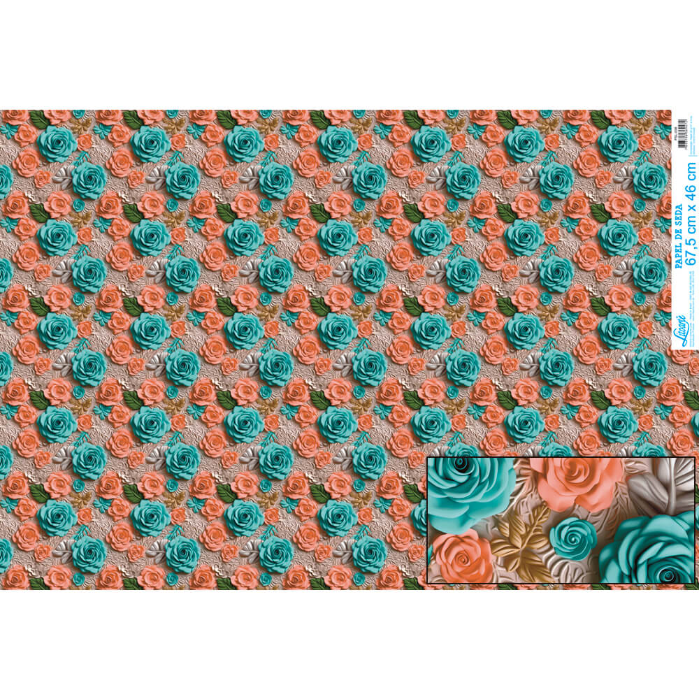 Papel Seda Litoarte PSL-038 Rosas 3D Coral e Verde 67,5x46cm - Palácio da Arte