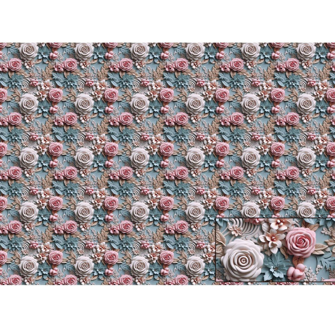 Papel Seda Litoarte PSL-039 Rosas 3D Fundo Azul 67,5x46cm - Palácio da Arte