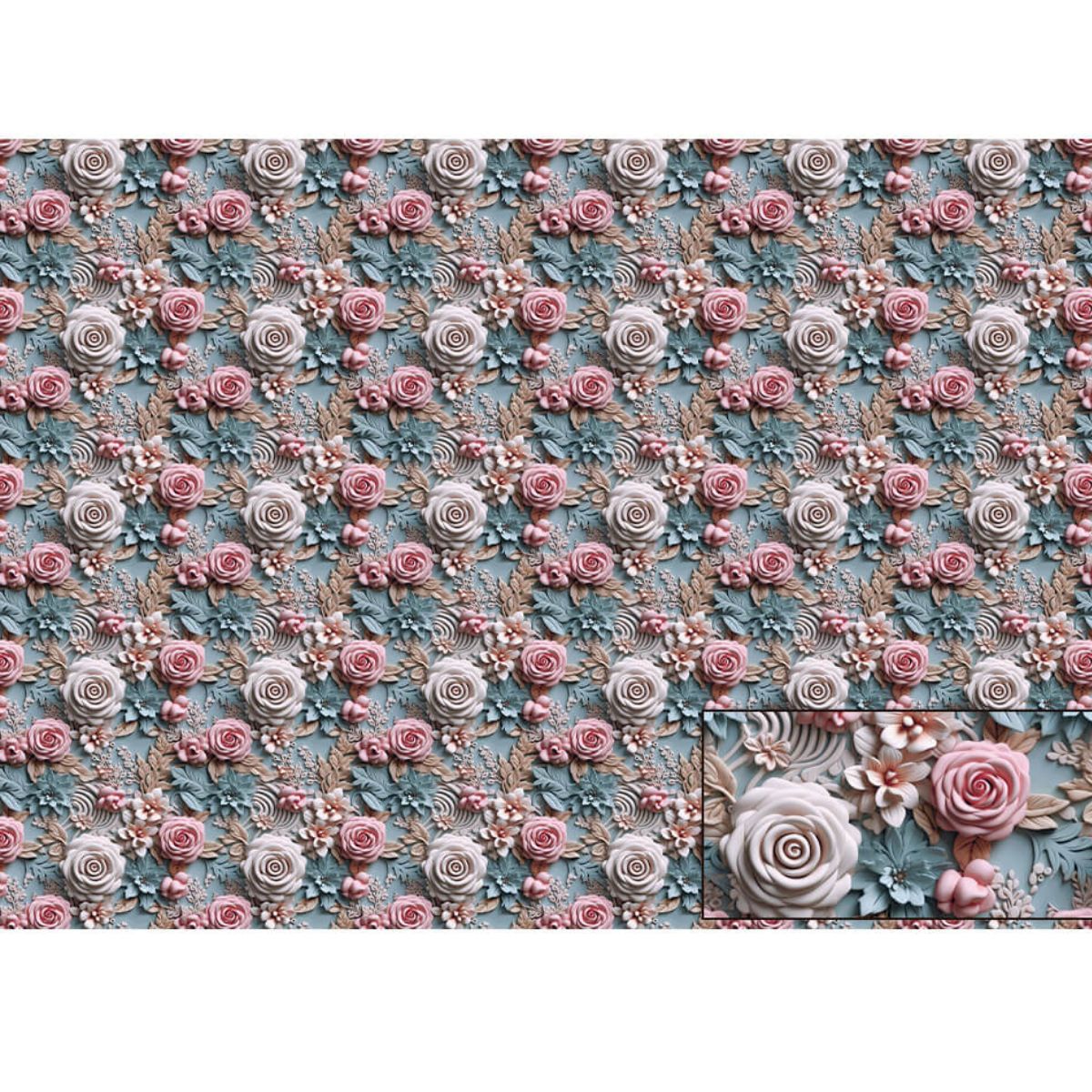 Papel Seda Litoarte PSL-039 Rosas 3D Fundo Azul 67,5x46cm - Palácio da Arte