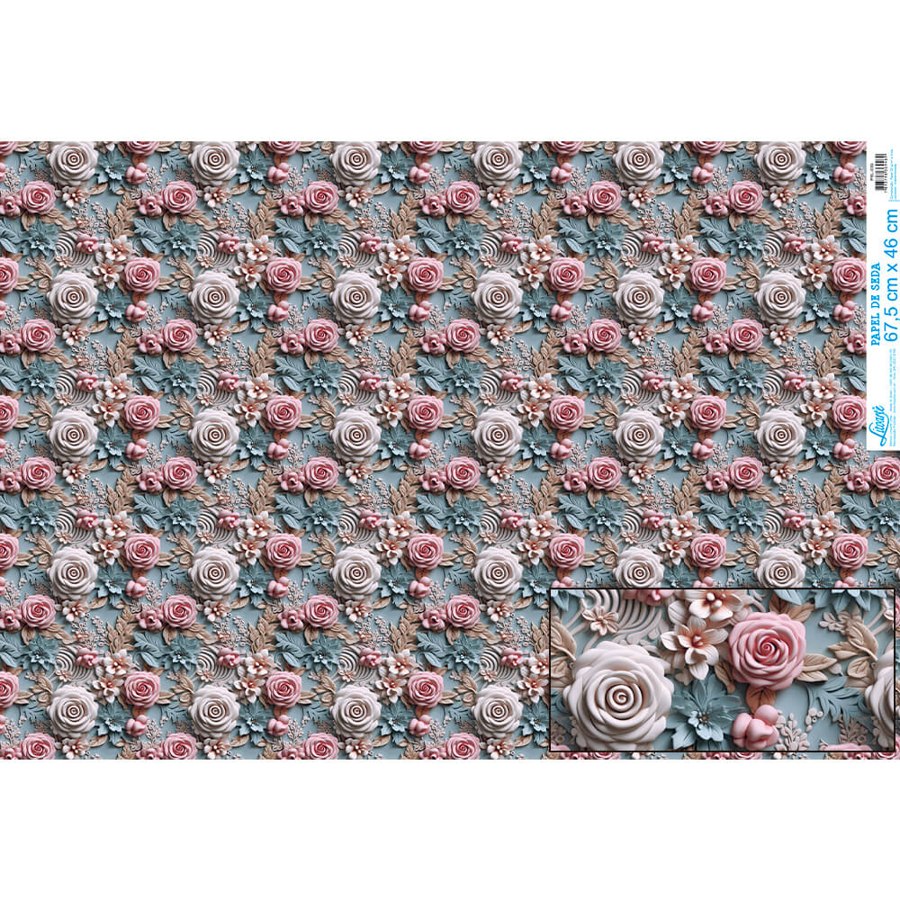 Papel Seda Litoarte PSL-039 Rosas 3D Fundo Azul 67,5x46cm - Palácio da Arte