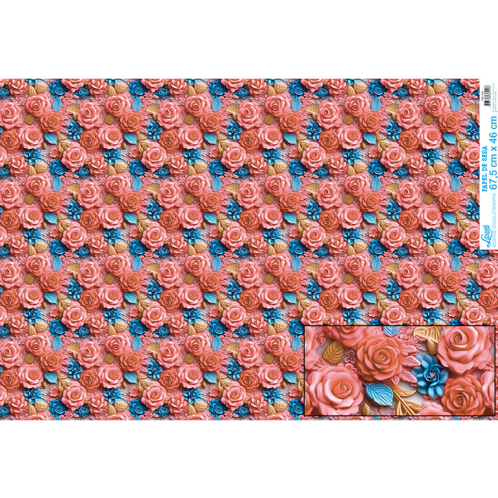 Papel Seda Litoarte PSL-040 Rosas 3D Coral e Azul 67,5x46cm - Palácio da Arte