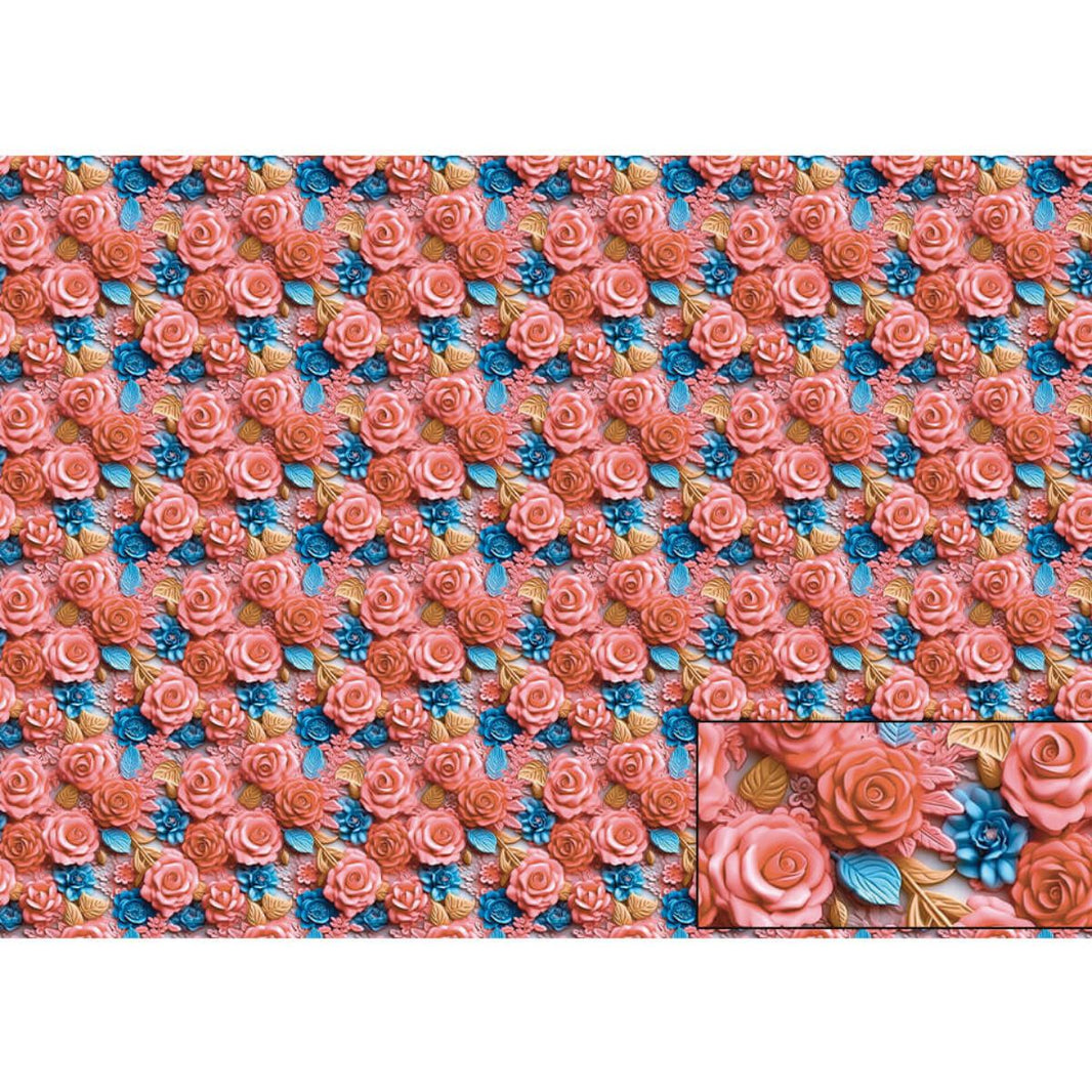 Papel Seda Litoarte PSL-040 Rosas 3D Coral e Azul 67,5x46cm - Palácio da Arte