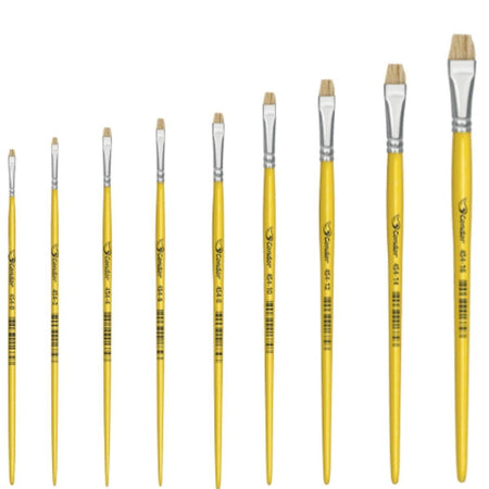 Pincel Chato 454 Condo Cerda Natural Curto Lixado Cabo Longo Amarelo - Palácio da Arte