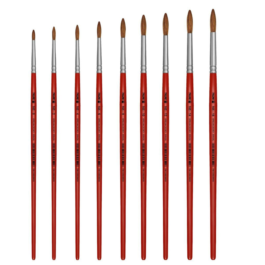 Pincel Redondo 165 Tigre Pelo Orelha de Boi Cabo Curto Vermelho - Palácio da Arte