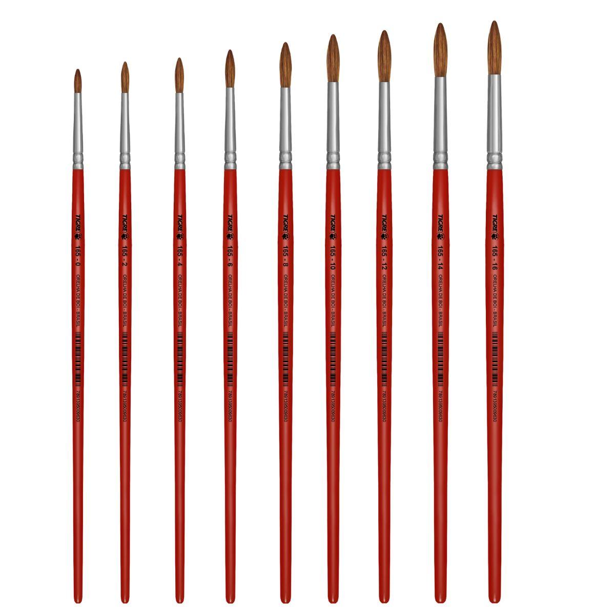 Pincel Redondo 165 Tigre Pelo Orelha de Boi Cabo Curto Vermelho - Palácio da Arte