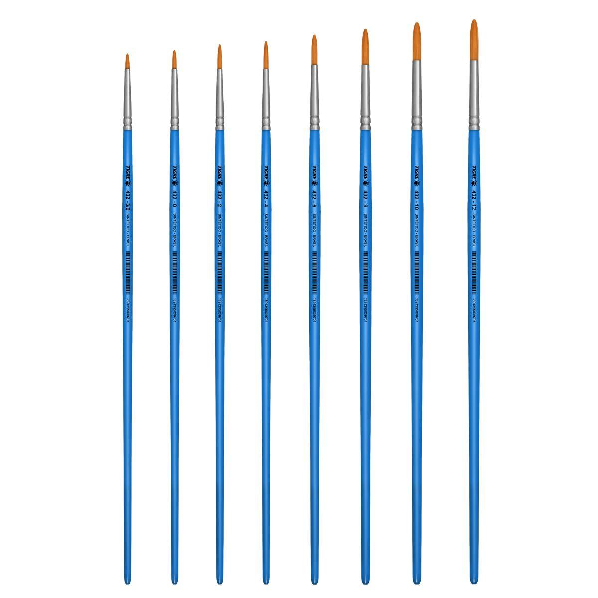 Pincel Redondo 432 Tigre Cerda Sintético Dourado Cabo Longo Azul Perolizado - Palácio da Arte