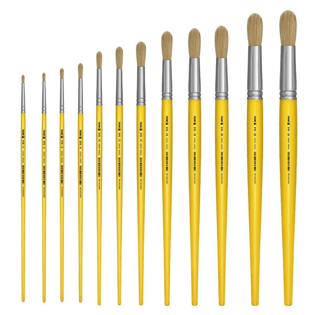Pincel Redondo 816 Tigre Cerda Natural Cabo Longo Amarelo - Palácio da Arte
