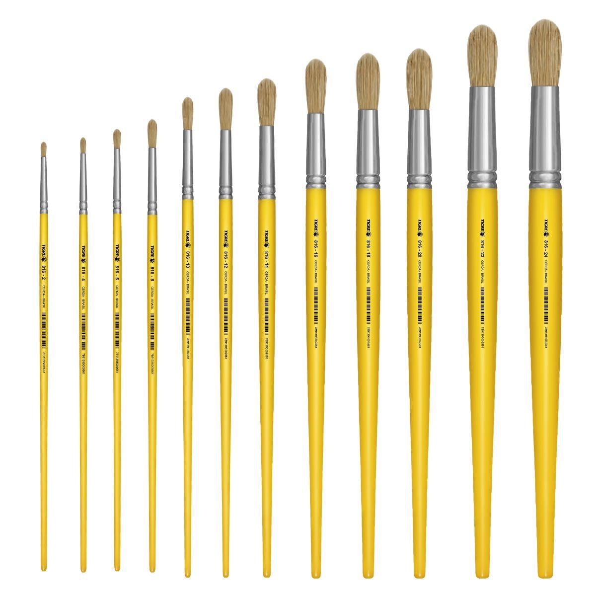 Pincel Redondo 816 Tigre Cerda Natural Cabo Longo Amarelo - Palácio da Arte