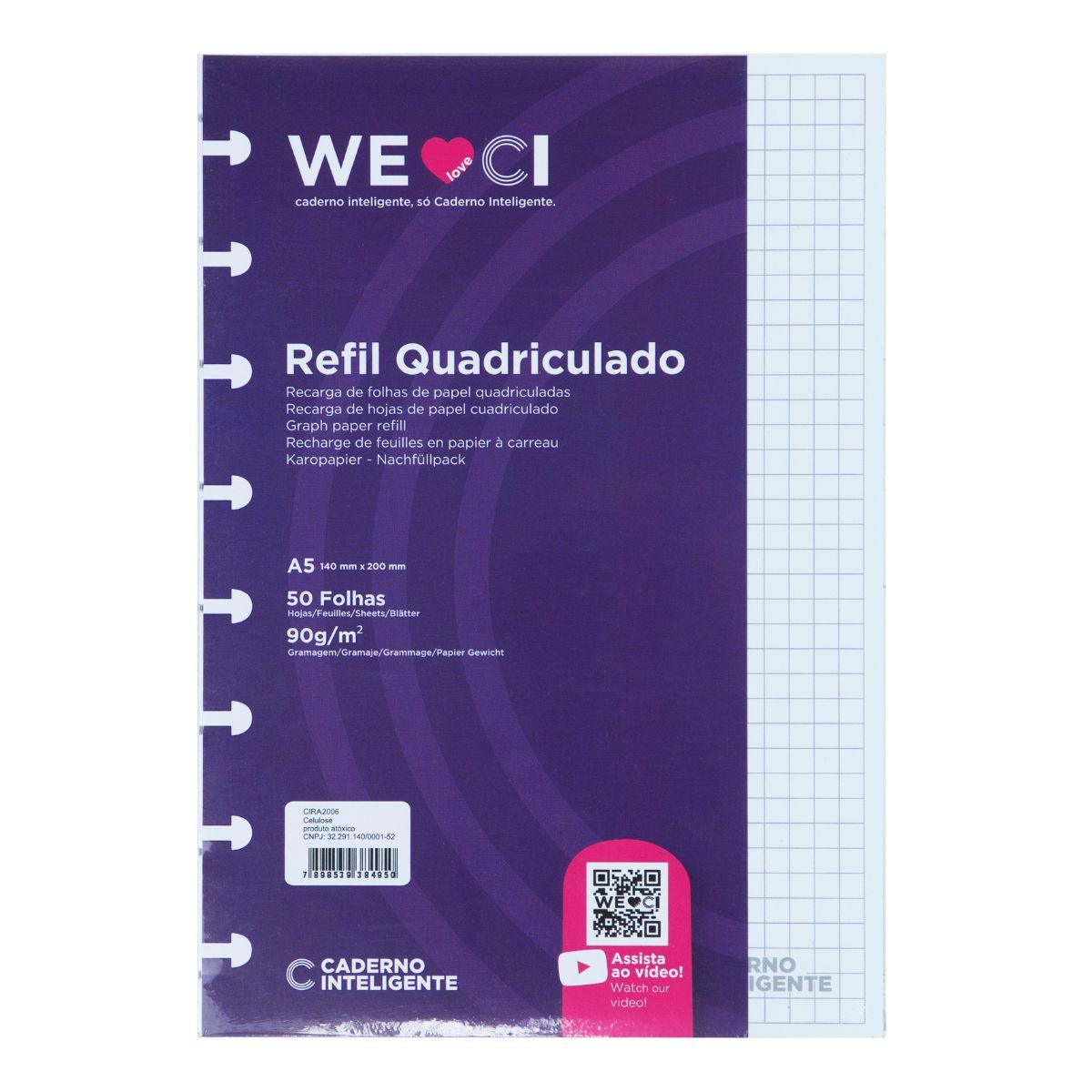 Refil Quadriculado Caderno Inteligente A5 50 Folhas 90g - Palácio da Arte