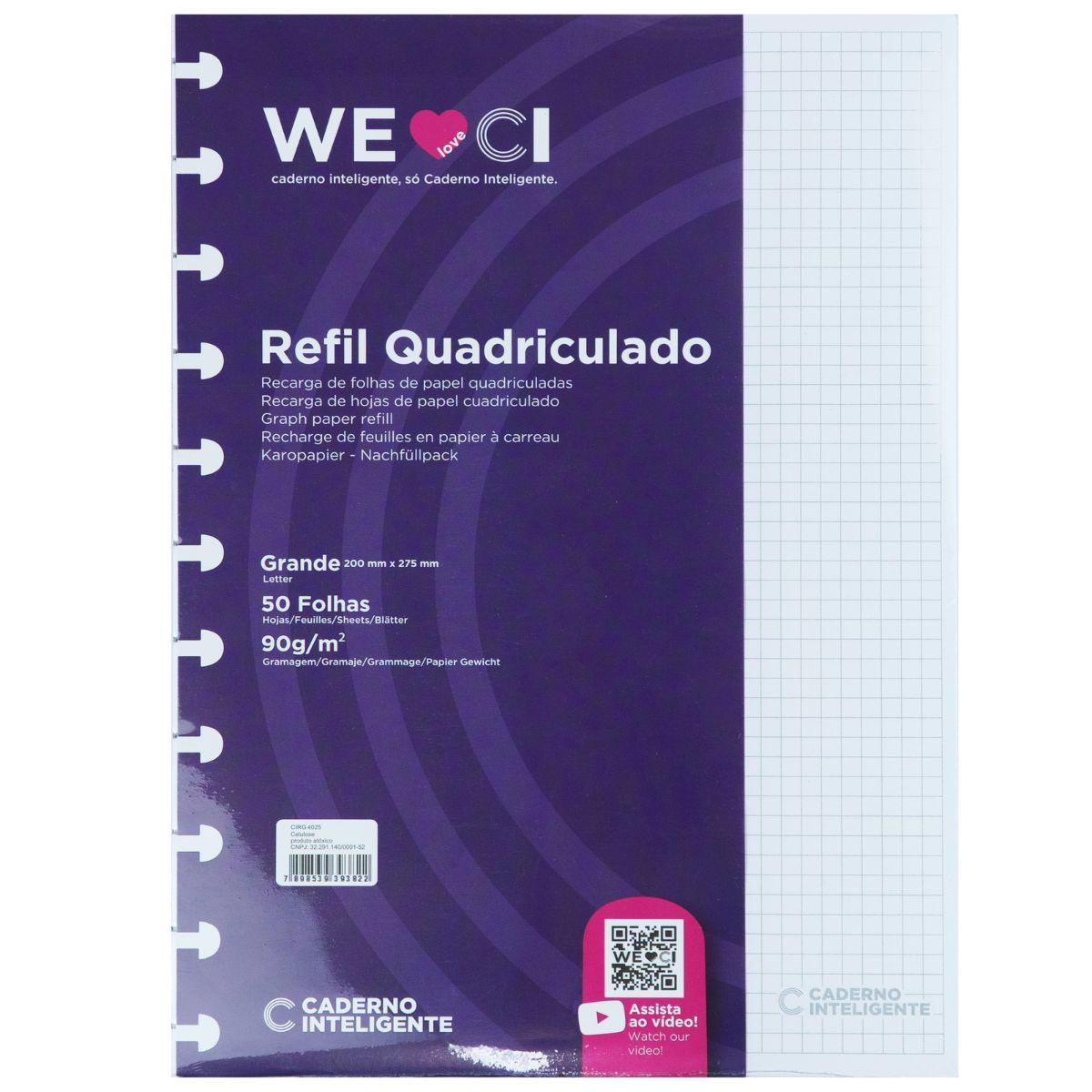 Refil Quadriculado Caderno Inteligente Grande 50 Folhas 90g - Palácio da Arte