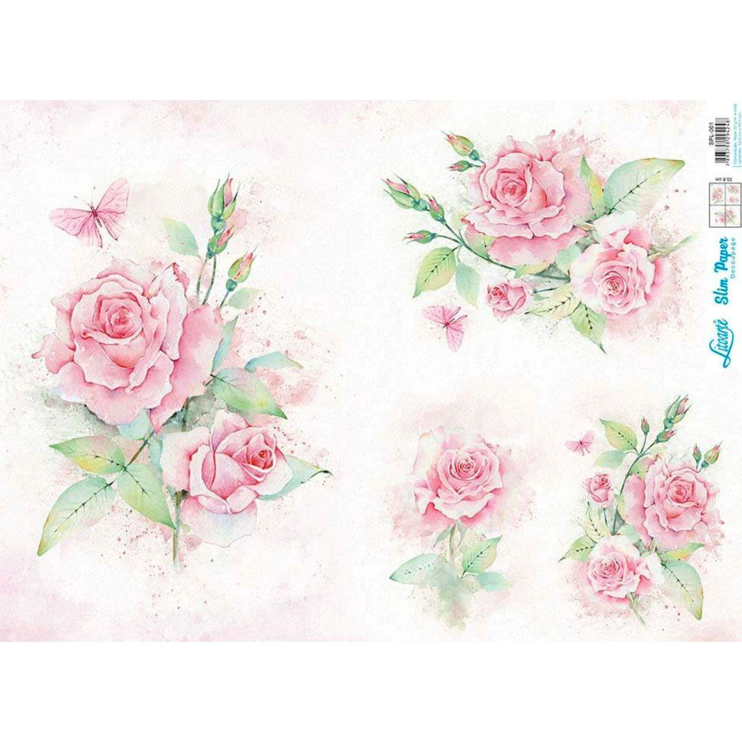 Slim Paper Decoupage Litoarte SPL-001 Rosas Aquarela 47x34cm - Palácio da Arte