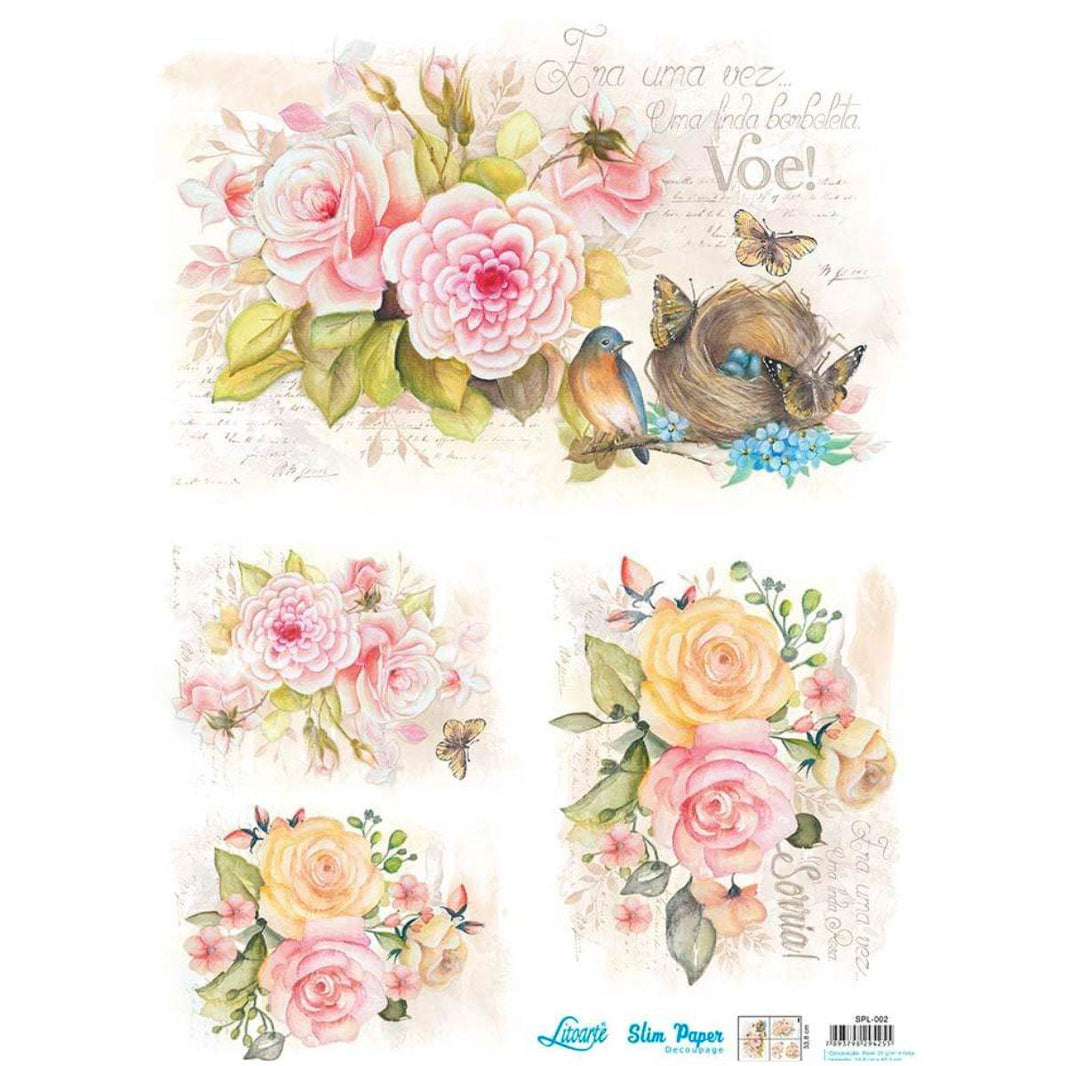 Slim Paper Decoupage Litoarte SPL-002 Flores Aquarela 47x34cm - Palácio da Arte
